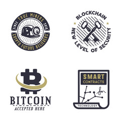Blockchain, bitcoin, crypto currencies emblems and concepts. Digital assets logos. Vintage hand drawn monochrome design. Web security badges. Stock illustration isolated on white background