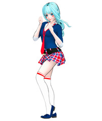 3D sexy anime doll japanese anime schoolgirl big blue eyes and bright makeup. Skirt cage. Cartoon, comics, sketch, drawing, manga illustration. Conceptual fashion art. Seductive candid pose.