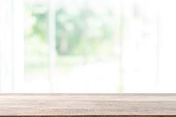 Empty wooden table and window room interior decoration background, product montage display,can be used for display or montage your products.Mock up for display of product.