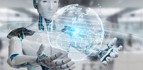 White humanoid using globe network hologram with Europe map 3D rendering