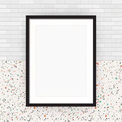 Blank picture frame on white brick background and terrazzo surface, vector illustration, A4 format