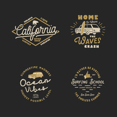 Vntage Hand Drawn Surfing Graphics and Emblems for web design or print. Surfer logotypes. Surf Logo. Summer surf logo typography insignia collection. Stock hipster patches isolated on white - obrazy, fototapety, plakaty