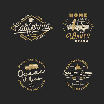 Vntage Hand Drawn Surfing Graphics and Emblems for web design or print. Surfer logotypes. Surf Logo. Summer surf logo typography insignia collection. Stock hipster patches isolated on white