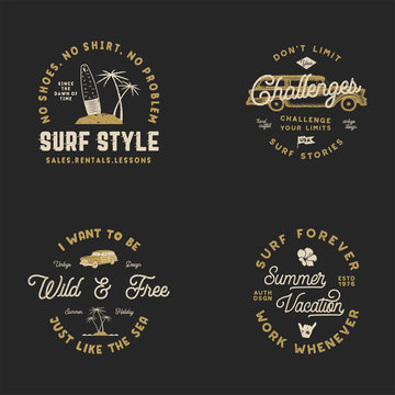 Vntage Hand Drawn Surfing Graphics and Emblems for web design or print. Surfer logotypes. Surf Logo. Summer surf logo typography insignia collection. Stock hipster patches isolated on black