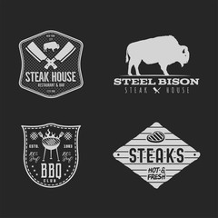 Vintage hand drawn steak house logo set, bbq party, barbecue grill badges, labels. Retro typography style. Butcher logo design with letterpress effect. illustration isolated on black background.