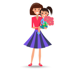 Woman Holds Adorable Daughter on Arms with Bouquet