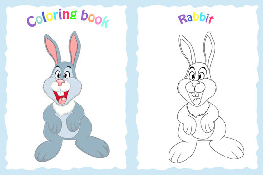Coloring book page for preschool children with colorful rabbit  