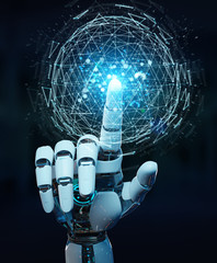 White robot hand using digital triangle exploding sphere hologram 3D rendering
