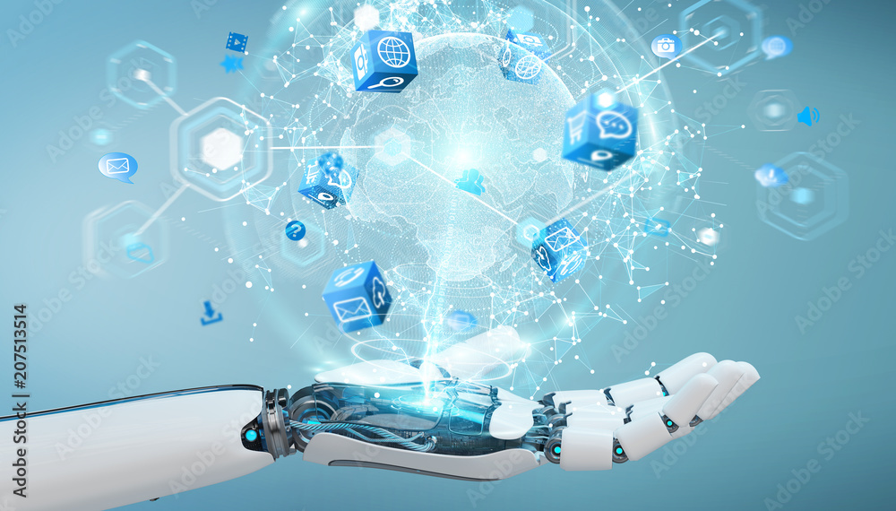 Poster white robot hand using digital screen interface 3d rendering