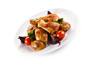 Grilled drumsticks with baked potatoes white background