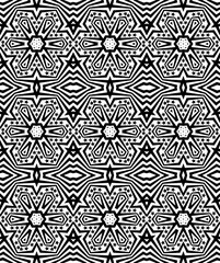 Complex seamless pattern with five-pointed stars and flowers in a black - white colors