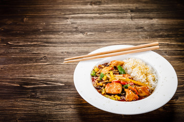 Chicken meat with rice and vegetables