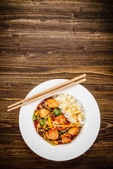 Chicken meat with rice and vegetables