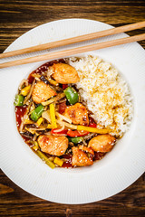Chicken meat with rice and vegetables