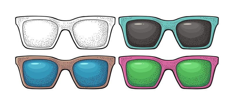 Collection of different color of retro sunglasses. Vintage vector engraving