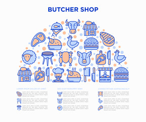 Butcher shop concept in half circle with thin line icons: meat steak, beef, pork, mutton, BBQ, chicken, burger, cutting board, meat knives. Modern vector illustration, web page template.