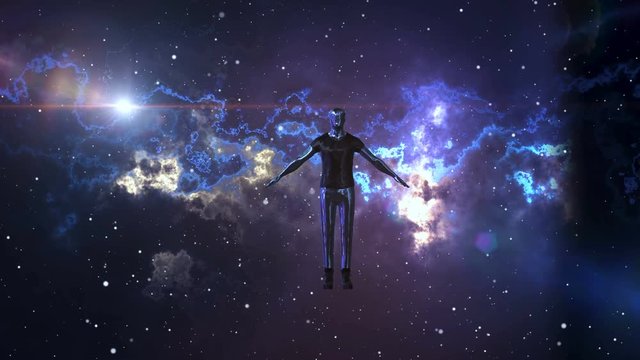 A futuristic 3d rendering of a cyborg man without eyes, lips and nose but with sparkling metallic body. He soars in the black and blue cosmos with shining plasma motions.