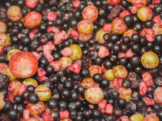 Fruits in a supermarket - frozen strawberry, grapes, black currant.