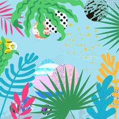 Fototapeta na wymiar Tropical jungle leaves background. Tropical poster design. Exotic leaves, plants and branches art print. Wallpaper, fabric, textile, wrapping paper vector illustration design