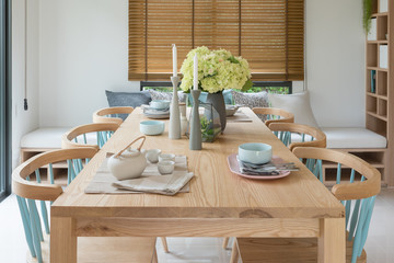 wooden dining table in modern dining room