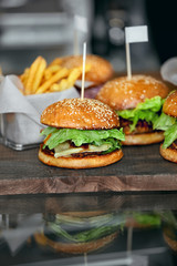 Food. Closeup Burgers And Hamburgers In Fast Food Restaurant