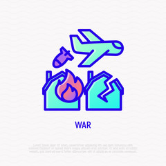 War thin line icon: airplane throws off a bomb on house in fire. Modern vector illustration.