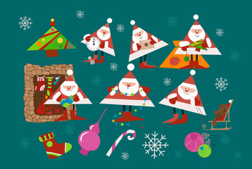 Collection of Christmas Santa Claus. Set of funny cartoon hero. Vector illustration
