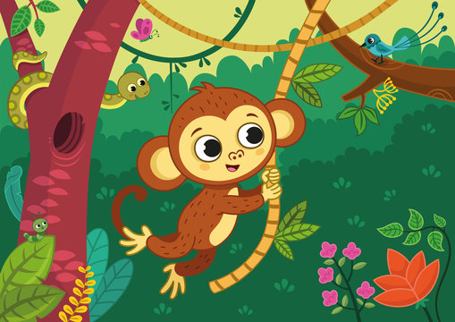Cute monkey boy swinging on a vine in the jungle. Vector illustration.