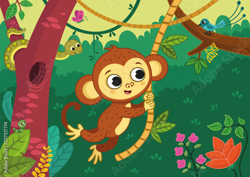 Cute Monkey Boy Swinging On A Vine In The Jungle Vector