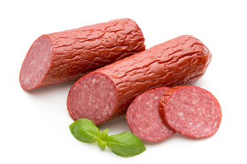 Salami smoked sausage, basil leaves on white background cutout.