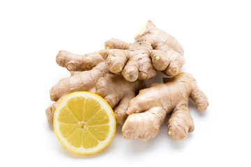 Ginger bio and lemon on white background.