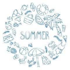 Summer. Lettering and various summer elements drawing hands. Card in doodle and cartoon style.