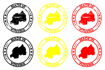 Made in Rwanda - rubber stamp - vector, Rwanda map pattern - black, yellow and red