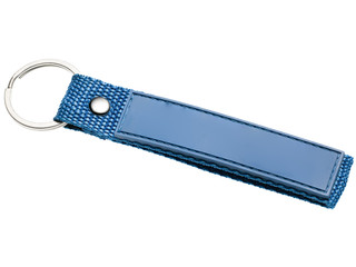 a blue keychain in fabric and imitation leather ready to receive mark and logo