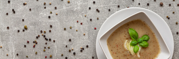 Panoramic view on onion soup in a white bowl on a concrete kitchen table with spilled colorful pepper