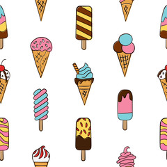 Ice cream, eskimo, waffle cone. Seamless pattern in doodle and cartoon style. Colorful
