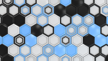 Abstract 3d background made of black, white and blue hexagons on white background