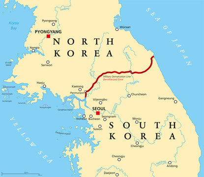 Korean Peninsula, Demilitarized Zone, political map. North and South Korea with Military Demarcation Line, capitals, borders, most important cities and rivers. English labeling. Illustration. Vector.