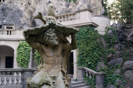 Statue of Neptune, Grotta fountain in Grebovka ( Grobovka ), Havlicek Gardens, Havlickovy zahrady, Prague, Czech Republic / Czechia - Sculpture of mythical god