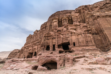 Facade carving in the stone detail in Petra