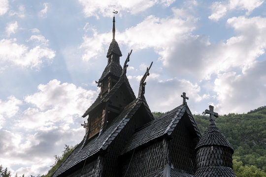 Stav Church in Norway during sunset