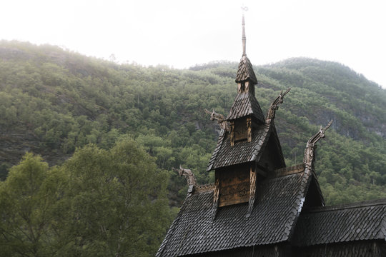 Stav Church in Norway during sunset