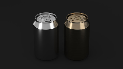 Two small gold and silver aluminum soda cans mockup on black background