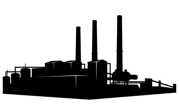 Architectural silhouette of the factory building complex with high chimneys