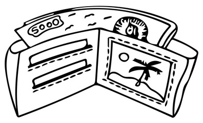 Black line wallets with money and travel card