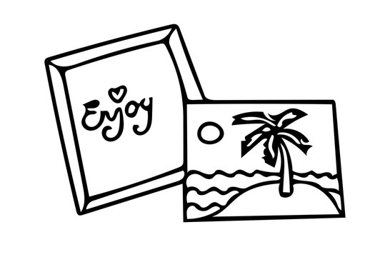 The picture with black line contours frame with enjoy text and with palm tree