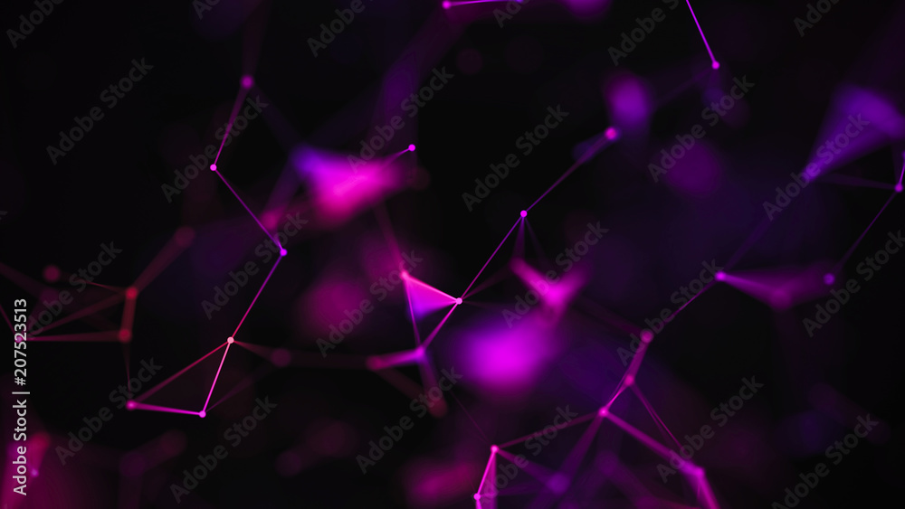 Poster Abstract purple background with connecting dots and lines. Structure and communication. Plexus effect. Abstract science geometrical network background.