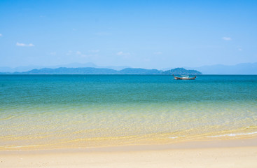Blue sea with islands in background, tropical beach in Thailand