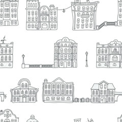 Buildings in the old town. Colorful. Seamless pattern in doodle and cartoon style. Vector