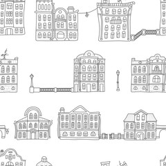 Buildings in the old town. Colorful. Seamless pattern in doodle and cartoon style.